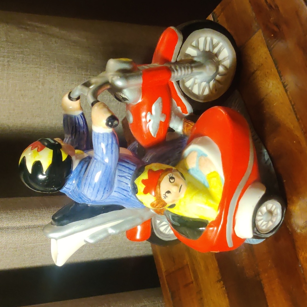 Vintage Lotus 1995 Harley Motorcycle With Side Car Teapot Hand Painted